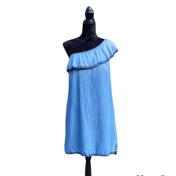 Anthropologie Cloth & Stone One Shoulder Ruffled Chambray Dress - Picture 1 of 8
